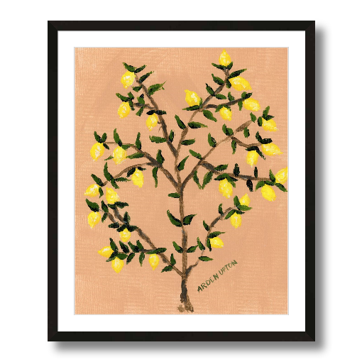 A museum-quality fine art giclée print of a lemon tree, featuring vibrant yellow lemons on a lemon tree with green leaves against a peach toned background