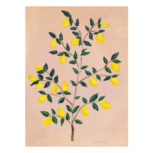 A museum-quality fine art giclée print of a lemon tree, featuring vibrant yellow lemons on a lemon tree with green leaves against a pink and yellow background, part of Arden Upton's Lemonade Series