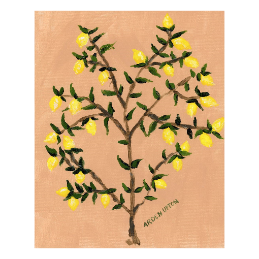 A museum-quality fine art giclée print of a lemon tree, featuring vibrant yellow lemons on a lemon tree with green leaves against a peach toned background