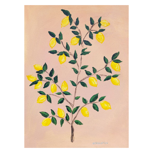 A museum-quality fine art giclée print of a lemon tree, featuring vibrant yellow lemons on a lemon tree with green leaves against a pink and yellow background, part of Arden Upton's Lemonade Series