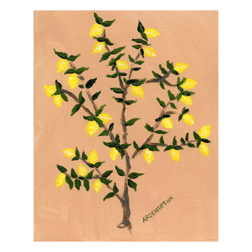 A museum-quality fine art giclée print of a lemon tree, featuring vibrant yellow lemons on a lemon tree with green leaves against a peach toned background, part of Arden Upton's Lemonade Series
