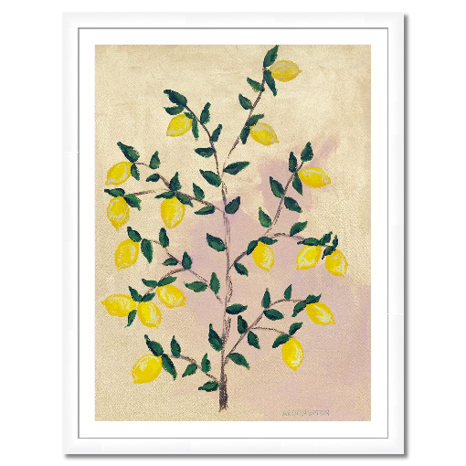 A museum-quality fine art giclée print of a lemon tree, featuring vibrant yellow lemons on a lemon tree with green leaves against a pink and yellow background, part of Arden Upton's Lemonade Series