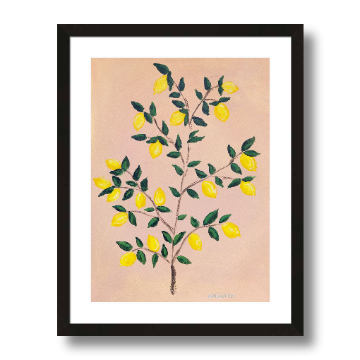 A museum-quality fine art giclée print of a lemon tree, featuring vibrant yellow lemons on a lemon tree with green leaves against a pink and yellow background, part of Arden Upton's Lemonade Series
