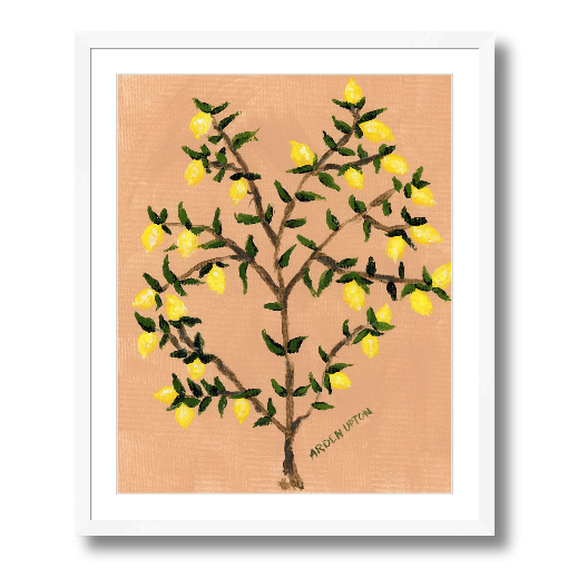 A museum-quality fine art giclée print of a lemon tree, featuring vibrant yellow lemons on a lemon tree with green leaves against a peach toned background