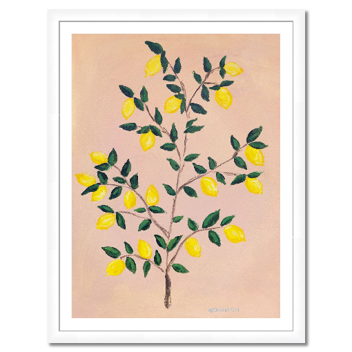 A museum-quality fine art giclée print of a lemon tree, featuring vibrant yellow lemons on a lemon tree with green leaves against a pink and yellow background, part of Arden Upton's Lemonade Series