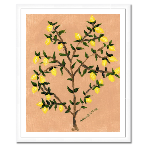 A museum-quality fine art giclée print of a lemon tree, featuring vibrant yellow lemons on a lemon tree with green leaves against a peach toned background
