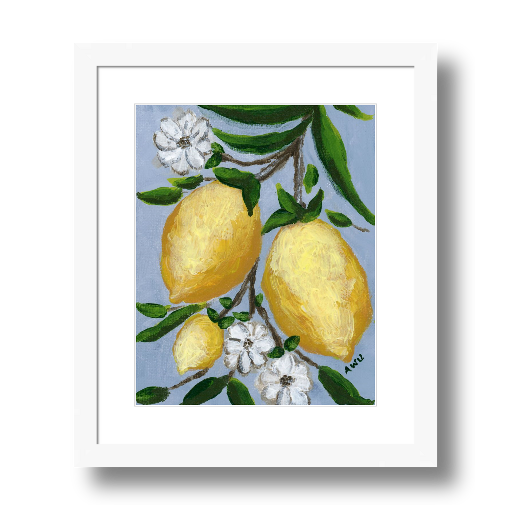A framed art print featuring a painting from Arden Upton's Lemonade Collection of lemons , leaves and white floral elements against a blue background, with a white mat and black frame.