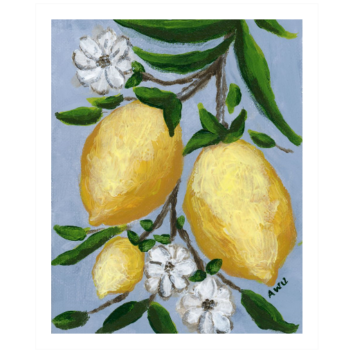 A framed art print featuring a painting from Arden Upton's Lemonade Collection of lemons , leaves and white floral elements against a blue background, with a white mat and black frame.