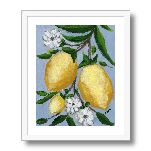 A framed art print featuring a painting from Arden Upton's Lemonade Collection of lemons , leaves and white floral elements against a blue background, with a white mat and black frame.