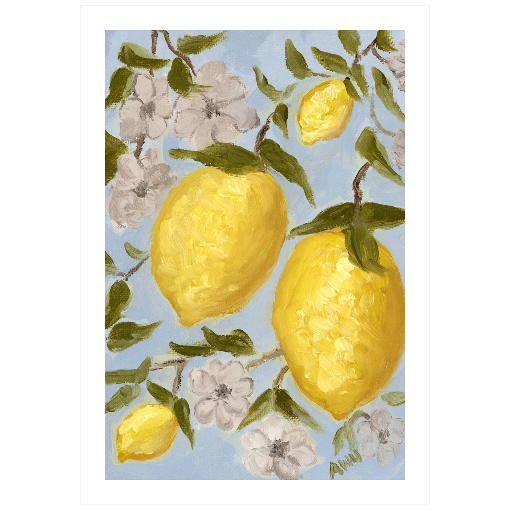 A framed art print featuring a painting from Arden Upton's Lemonade Collection of lemons , leaves and white floral elements against a blue background, with a white mat and black frame.