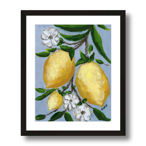 A framed art print featuring a painting from Arden Upton's Lemonade Collection of lemons , leaves and white floral elements against a blue background, with a white mat and black frame.