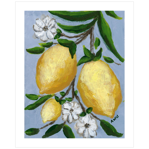 A framed art print featuring a painting from Arden Upton's Lemonade Collection of lemons , leaves and white floral elements against a blue background, with a white mat and black frame.