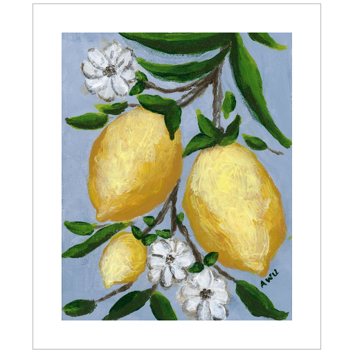 A framed art print featuring a painting from Arden Upton's Lemonade Collection of lemons , leaves and white floral elements against a blue background, with a white mat and black frame.
