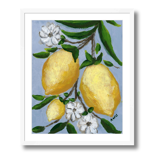 A framed art print featuring a painting from Arden Upton's Lemonade Collection of lemons , leaves and white floral elements against a blue background, with a white mat and black frame.