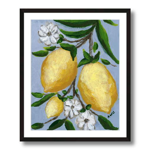 A framed art print featuring a painting from Arden Upton's Lemonade Collection of lemons , leaves and white floral elements against a blue background, with a white mat and black frame.