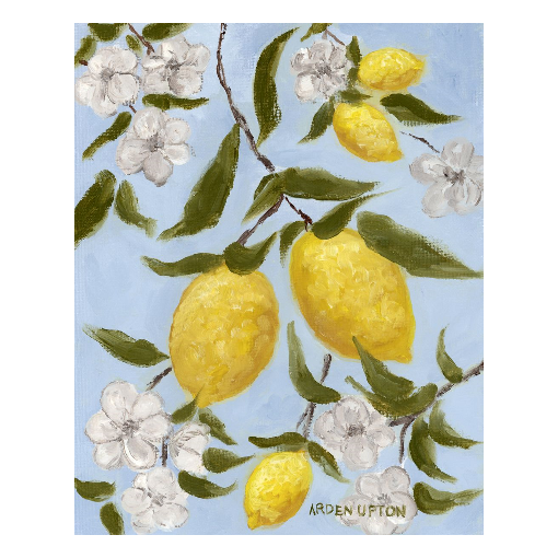 A framed art print featuring a painting from Arden Upton's Lemonade Collection of lemons , leaves and white floral elements against a blue background, with a white mat and black frame.