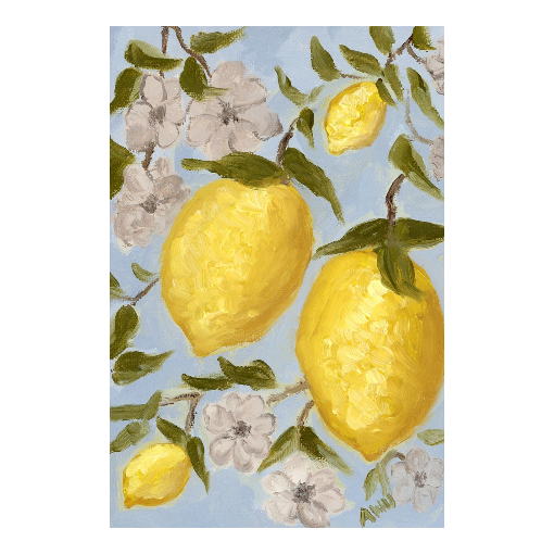 A framed art print featuring a painting from Arden Upton's Lemonade Collection of lemons , leaves and white floral elements against a blue background, with a white mat and black frame.