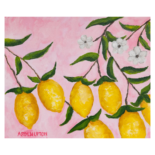 A framed art print featuring a painting from Arden Upton's Lemonade Collection of lemons, leaves and white floral elements against a pink background