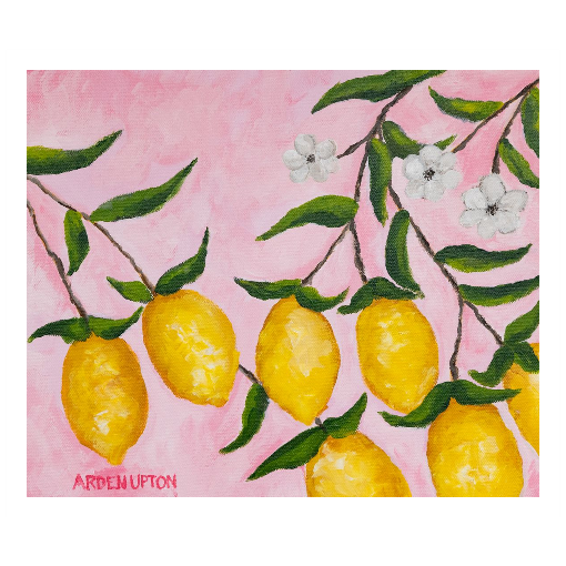 A framed art print featuring a painting from Arden Upton's Lemonade Collection of lemons, leaves and white floral elements against a pink background