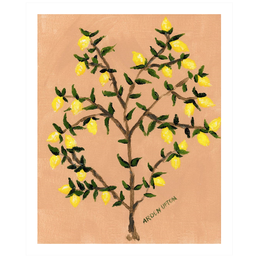 A museum-quality fine art giclée print of a lemon tree, featuring vibrant yellow lemons on a lemon tree with green leaves against a peach toned background