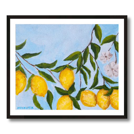 A vibrant artwork featuring a series of lemons on a tree with green leaves and a blue background, signed by Arden Ward Upton.