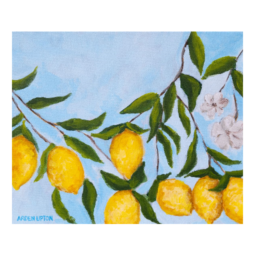 A framed art print featuring a painting from Arden Upton's Lemonade Collection of lemons , leaves and white floral elements against a blue background, with a white mat and black frame.