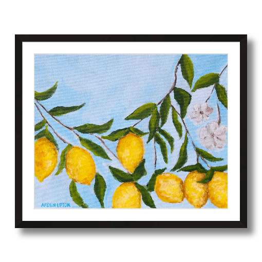 A vibrant artwork featuring a series of lemons on a tree with green leaves and a blue background, signed by Arden Ward Upton.