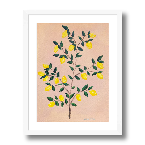 A museum-quality fine art giclée print of a lemon tree, featuring vibrant yellow lemons on a lemon tree with green leaves against a pink and yellow background, part of Arden Upton's Lemonade Series