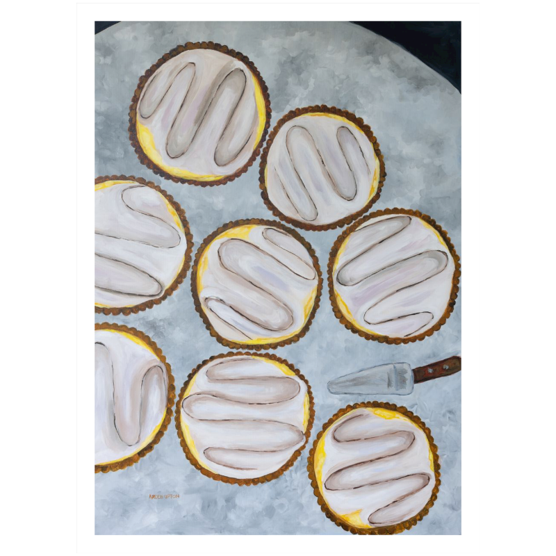 A painting by Southern artist Arden Upton of eight beautifully baked lemon tarts on a table with a tart server. 