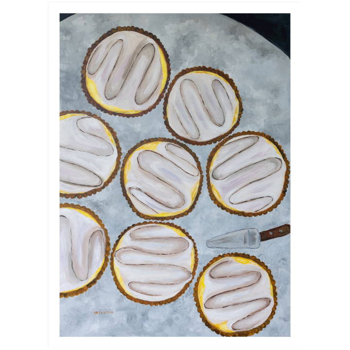 A painting by Southern artist Arden Upton of eight beautifully baked lemon tarts on a table with a tart server. 