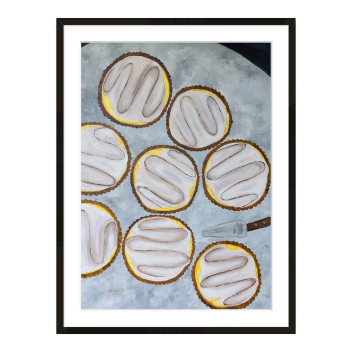 A painting by Southern artist Arden Upton of eight beautifully baked lemon tarts on a table with a tart server. 