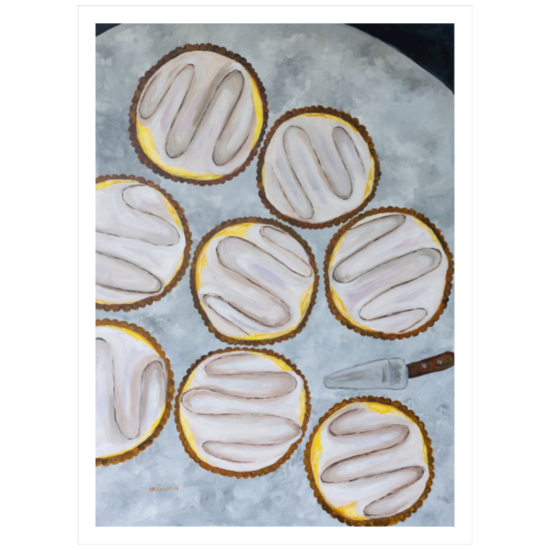 A painting by Southern artist Arden Upton of eight beautifully baked lemon tarts on a table with a tart server. Unframed Print