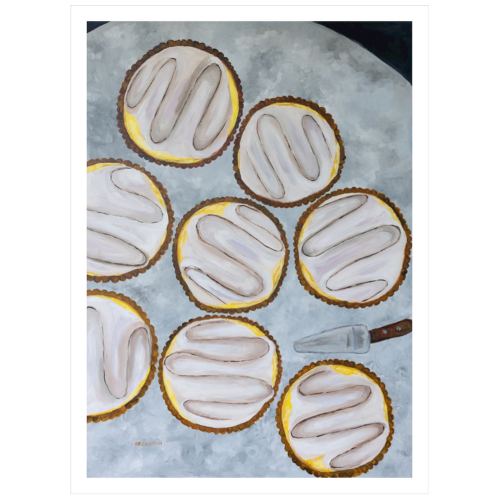A painting by Southern artist Arden Upton of eight beautifully baked lemon tarts on a table with a tart server. Unframed Print