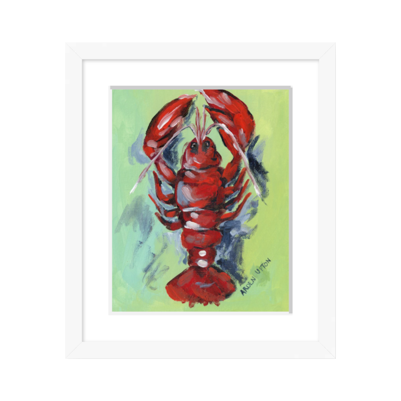 A painting of a red lobster with a grey shadow on a lime green background by Southern Artist Arden Upton that is beautifully paired with her two pieces featuring oranges and a martini for a curated gallery wall. Framed in a white frame and arrives ready to hang. 