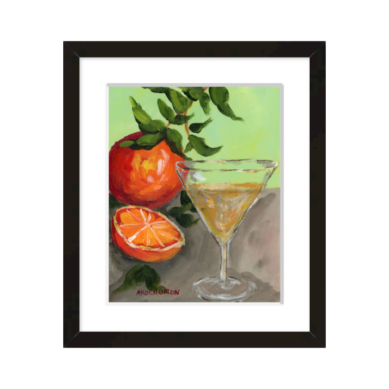 Culinary wall art – a framed painting of a Martini and Oranges in bold orange, red and green colors, great for for kitchens, pantries, dining rooms, and entertaining spaces