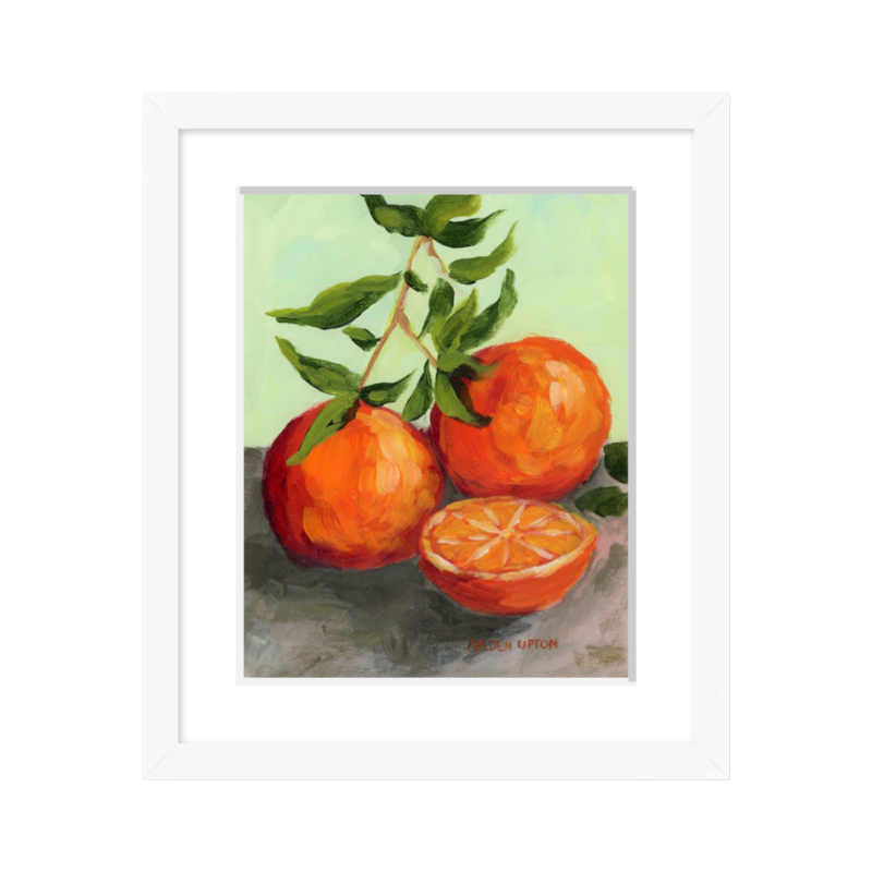 Framed Orange Still Life art print – culinary-inspired painting for kitchen, dining room, or entertaining space wall décor.