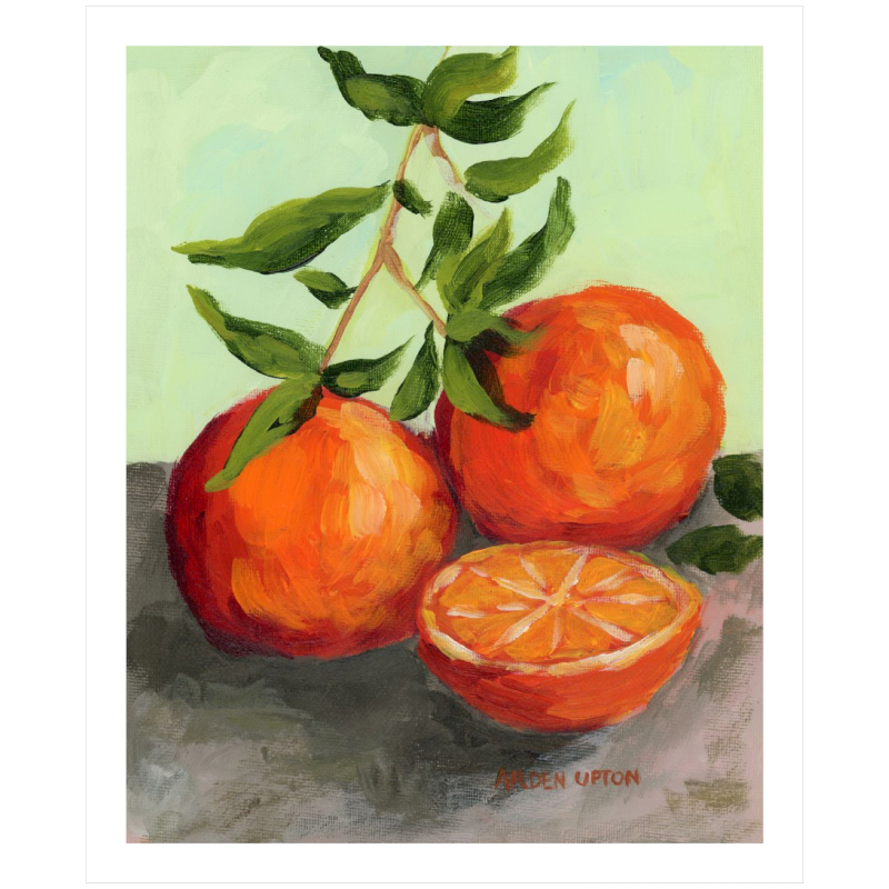 Kitchen gallery wall décor – foodie paintings with oranges, martini, and lobster in orange, red, and lime green, unframed