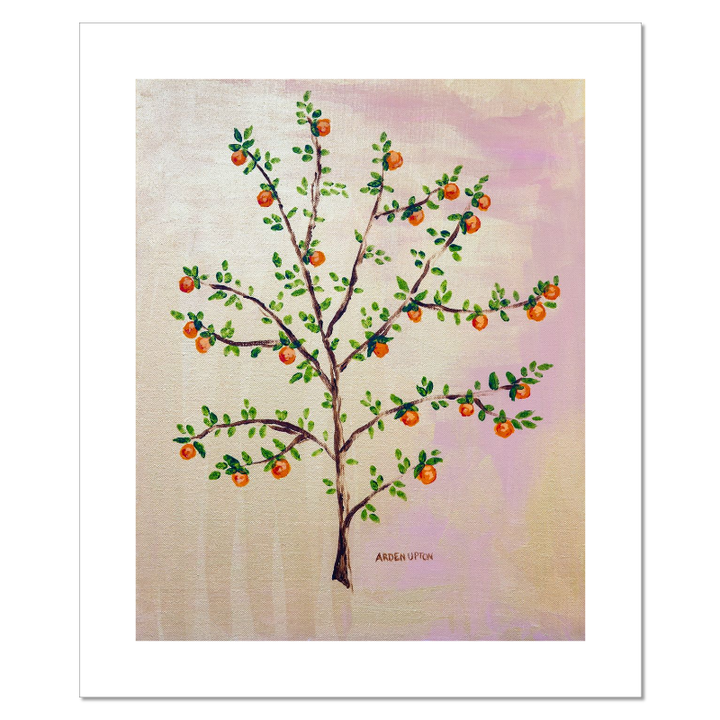 A framed, ready to hang giclee print of an orange tree with green leaves and ripe oranges on a pink and yellow background. An original painting from Arden Upton's Orangerie Collection. Great for decorating walls in kitchens and bright spaces. Buy one or multiple from the collection