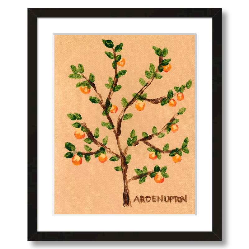 A ready to hang giclee print of an original painting of an orange tree with green leaves and orange fruits on a beige  and gold background from Arden Upton's Orangerie Collection. Great for kitchens and home decor