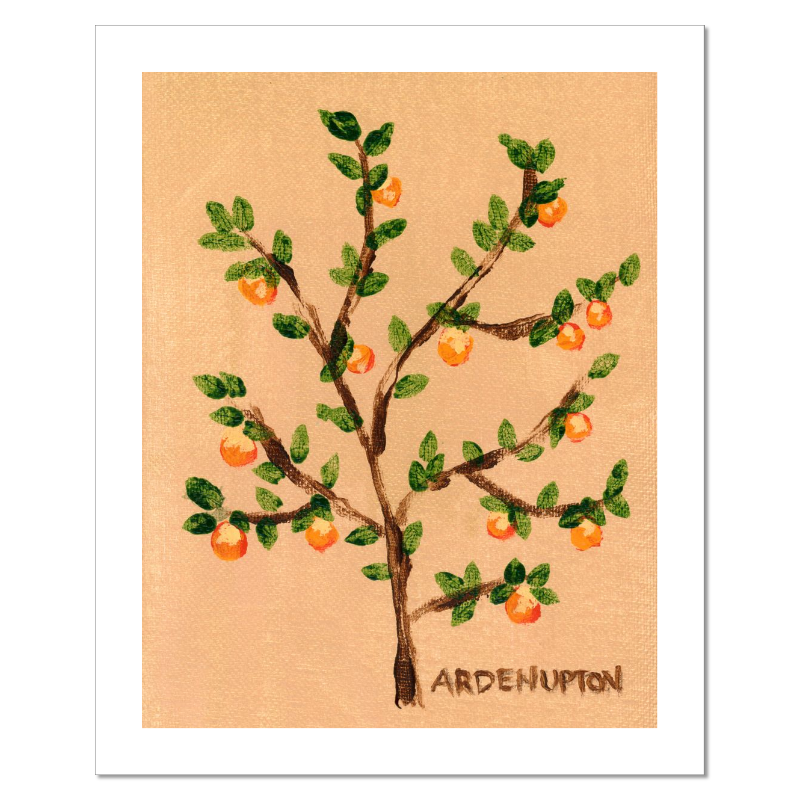 A ready to hang giclee print of an original painting of an orange tree with green leaves and orange fruits on a beige  and gold background from Arden Upton's Orangerie Collection. Great for kitchens and home decor
