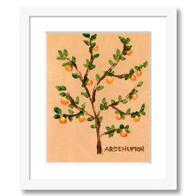 A ready to hang giclee print of an original painting of an orange tree with green leaves and orange fruits on a beige  and gold background from Arden Upton's Orangerie Collection. Great for kitchens and home decor