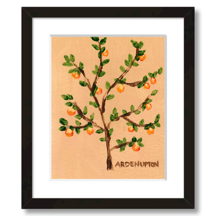 A ready to hang giclee print of an original painting of an orange tree with green leaves and orange fruits on a beige  and gold background from Arden Upton's Orangerie Collection. Great for kitchens and home decor