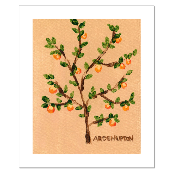 A ready to hang giclee print of an original painting of an orange tree with green leaves and orange fruits on a gold background from Arden Upton's Orangerie Collection. Great for kitchens and home decor