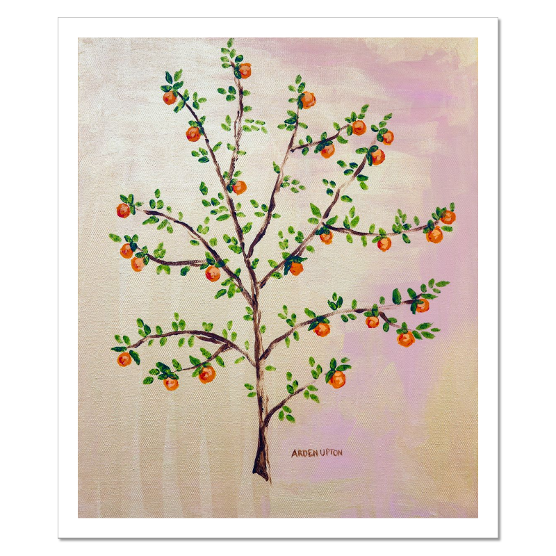 A framed, ready to hang giclee print of an orange tree with green leaves and ripe oranges on a pink and yellow background. An original painting from Arden Upton's Orangerie Collection. Great for decorating walls in kitchens and bright spaces. Buy one or multiple from the collection