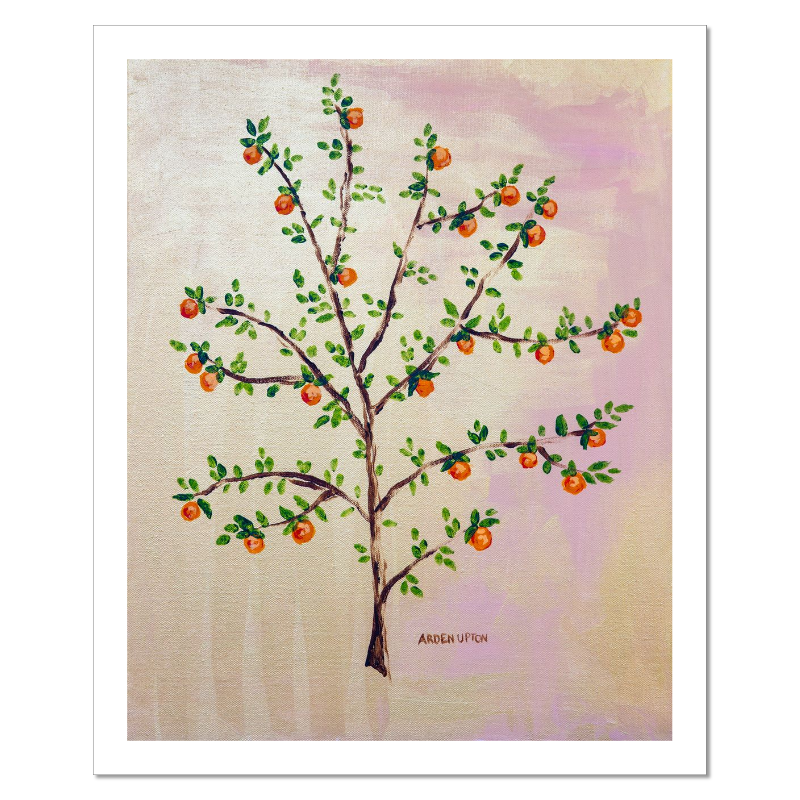 A framed, ready to hang giclee print of an orange tree with green leaves and ripe oranges on a pink and yellow background. An original painting from Arden Upton's Orangerie Collection. Great for decorating walls in kitchens and bright spaces. Buy one or multiple from the collection