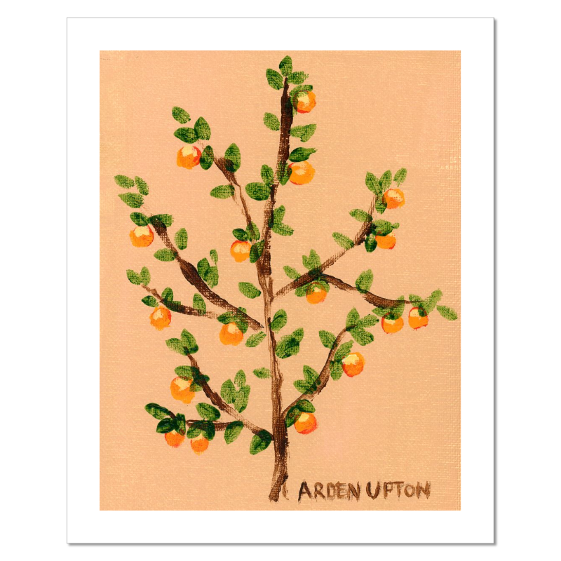 A ready to hang giclee print of an original painting of an orange tree with green leaves and orange fruits on a beige  and gold background from Arden Upton's Orangerie Collection. Great for kitchens and home decor