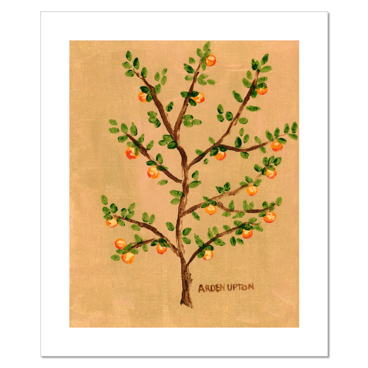 A framed giclee art print of an orange tree with green leaves and orange fruits on a beige and golden background. A vibrant painting by Arden Upton from her Orangerie Collection, ideal for gifting or brightening up any space.