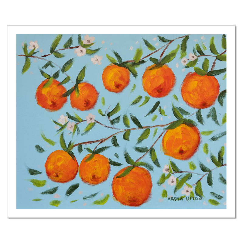 A ready to hang, framed giclee art print featuring a painting of oranges on a tree with white flowers and a blue sky background by Arden Upton from her Orangerie Collection. Art for Gallery walls, kitchens, bright and happy spaces