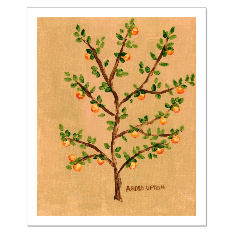 A framed giclee art print of an orange tree with green leaves and orange fruits on a beige and golden background. A vibrant painting by Arden Upton from her Orangerie Collection, ideal for gifting or brightening up kitchens, dining rooms and breakfast nooks