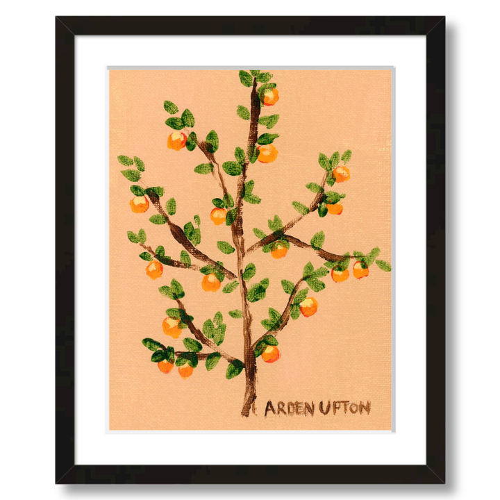 A ready to hang giclee print of an original painting of an orange tree with green leaves and orange fruits on a beige  and gold background from Arden Upton's Orangerie Collection. Great for kitchens and home decor